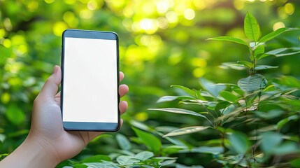 A hand holds a smartphone with a blank white screen, set against a blurred backdrop of lush green foliage and sunlight