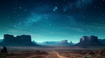 A peaceful, warm-toned nightscape with a faint golden haze near the horizon, Monument Valley lit delicately under the vast sky scattered with cold, bluish stars