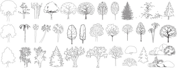 front View Vector Icons of Trees and Plants for Floor Plan and Architectural Design Projects	