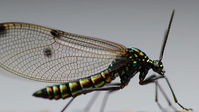 Macro Close-up of an Iridescent Insect with Delicate Veined Wings and Metallic Green-Gold Body against a Plain Background
