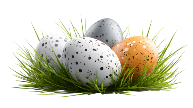 Easter eggs in green grass isolated on white background, HD realistic