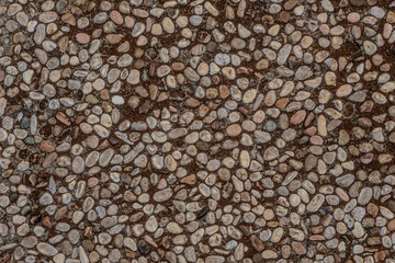 Close-up view of a textured ground surface made of countless small, round, white and brown speckled stones.