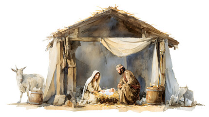 Holy Family nativity scene watercolor style isolated on white background, HD realistic
