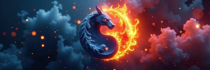 Yin Yang in flames and frost, smoke and sparks surround, dark, energy