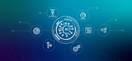 Obraz premium AI in industrial automation and manufacturing machine engineering robotic arm smart factories with artificial intelligence icon outline