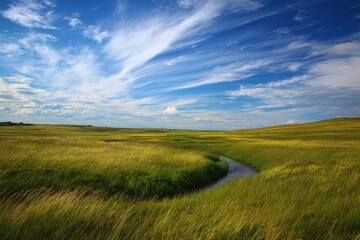 Obraz premium Vast grassland, flowing stream, summer sky