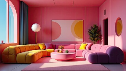 A vibrant, modern living room with bold pink and yellow tones.
