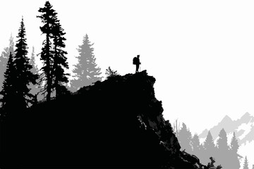 Obraz premium Mountain Hiker Silhouette Landscape VectorAdventure Hiking Scene with Mountains and ForestExplorer Standing on Cliff with Pine Trees and Peaks