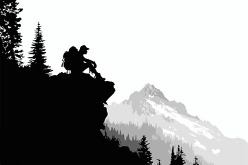 Obraz premium Mountain Hiker Silhouette Landscape VectorAdventure Hiking Scene with Mountains and ForestExplorer Standing on Cliff with Pine Trees and Peaks