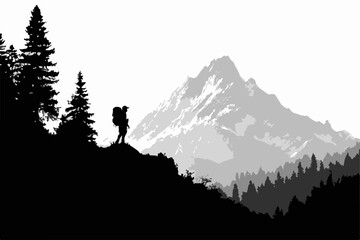 Obraz premium Mountain Hiker Silhouette Landscape VectorAdventure Hiking Scene with Mountains and ForestExplorer Standing on Cliff with Pine Trees and Peaks