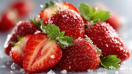 Fresh Strawberries with Mint Leaves and Ice Crystals, Close-up