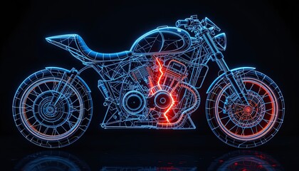 A vibrant, wireframe motorcycle design, highlighted in contrasting neon blue and orange lines, showcases detailed engineering.