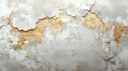 Obraz premium Weathered wall surface with peeling paint and exposed plaster showing natural aging process, creating abstract textural pattern in white and golden tones.