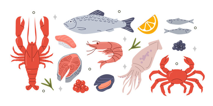 Fresh raw fish and seafood set. Shrimp, crab, squid, salmon and over fish products. Grocery market concept. Vector illustration.