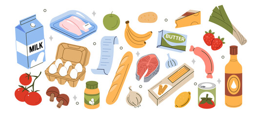 Grocery products in supermarket packages. Fruits and vegetables, eggs, meat, fish, baguette, pasta and other groceries, goods, processed and fresh food. Healthy eating concept. Vector illustration.