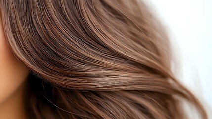 Fototapeta premium Silky smooth brown hair waves close up on white background, showing natural shine and healthy texture for beauty and haircare advertising.