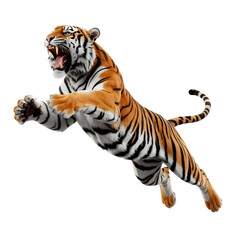 Obraz premium Majestic tiger leaps with open mouth isolated on transparent background, showcasing its power and agility