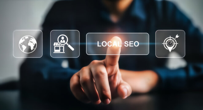 Person touching a screen with icons representing local seo, global reach, business search, and target achievement, symbolizing digital marketing strategy and online business growth