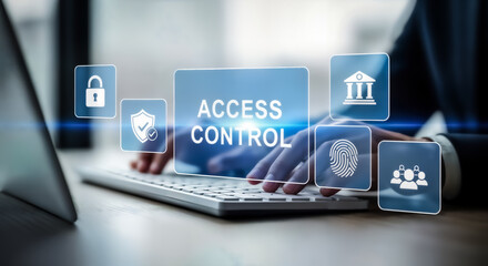 Fototapeta premium Access control system with digital icons representing security, identity, and user management, highlighting data protection and cybersecurity in a modern business context