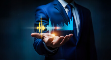 Businessman in a suit holding a glowing digital graph and waveform representing financial data, market analysis, and business growth in a modern technological concept