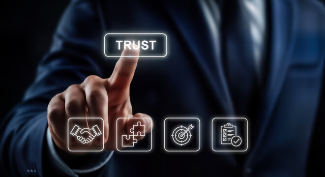 Businessman pressing a glowing button labeled trust, with icons representing partnership, strategy, and planning, symbolizing business confidence and reliable collaboration