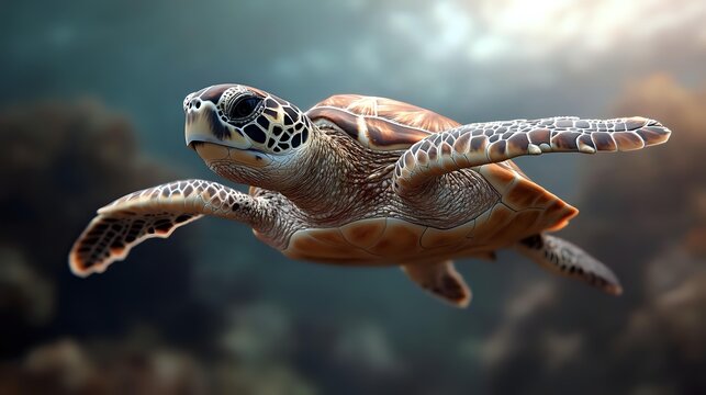 Green sea turtle swimming gracefully in deep blue ocean waters with sunlight filtering through, showcasing detailed shell pattern and extended flippers in motion.