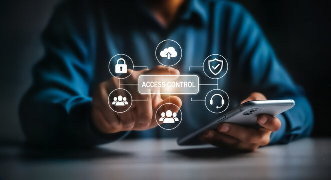 Person using smartphone with digital interface showing access control icons for security, authentication, and data protection in a modern technology concept