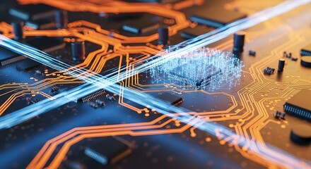 Abstract digital circuit board with glowing blue data streams and intricate orange pathways creating a futuristic technological concept