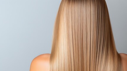 Naklejka premium Straight blonde hair flowing down woman's bare shoulders against light background, showcasing healthy, smooth texture and professional hair care results.