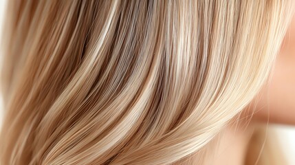 Naklejka premium Silky smooth blonde hair strands flowing in gentle waves, close-up view showing natural highlights and texture. For beauty, fashion and hair care advertising.