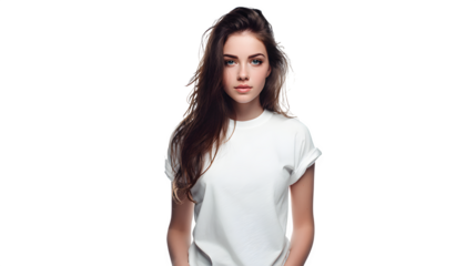 elegant young woman in white t-shirt with hands in pockets isolated on white background, HD realistic