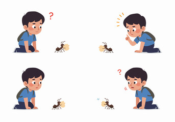 A young boy observes an ant's behavior, showcasing curiosity, learning, and wonder about the natural world.