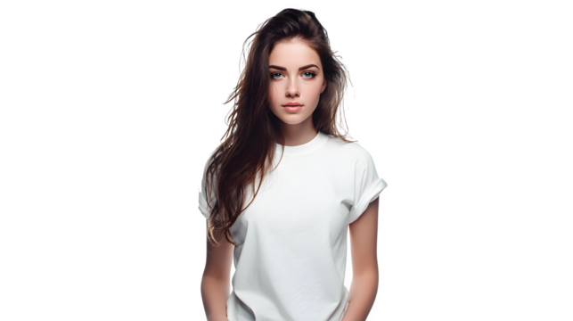 elegant young woman in white t-shirt with hands in pockets isolated on white background, HD realistic