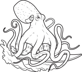 Octopus Surfing Surfboard Summer Animal Vector Graphic Art Illustration