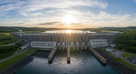 Aerial view of a large hydroelectric dam at sunset, with water flowing through the gates and a reservoir behind it.