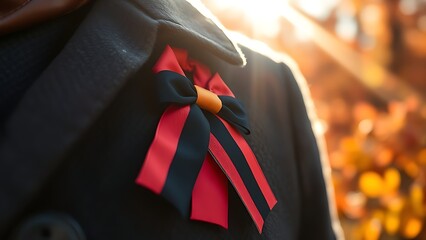 A close-up of a black-red-gold ribbon on a wool coat, with autumn leaves in the background, symbolizing German Unity Day.