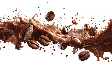 falling coffee beans into coffee splash isolated on white background, HD realistic