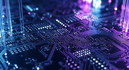 Fototapeta premium Intricate electronic circuit board illuminated by vibrant blue and purple neon lights