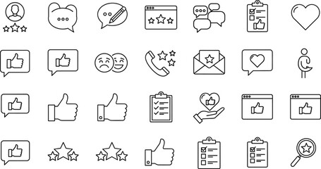 Customer feedback icons, review, rating, testimonial, like, star, satisfaction, survey, communication, approval, user experience, quality, trust, support