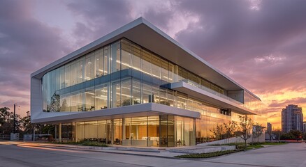Modern office building at sunset
