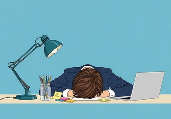 Overworked businessman sleeping at his desk with laptop and lamp