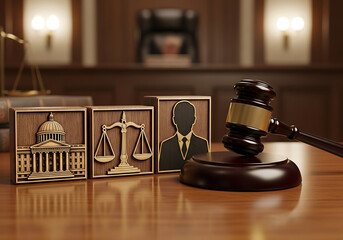 Justice and law concept with a gavel, scales of justice, courthouse, and silhouette of a businessman on a wooden desk