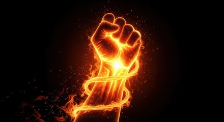 Fiery fist raised in defiance burning with intense power