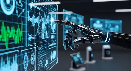Advanced robotic arm interacting with complex digital data displays and futuristic interfaces