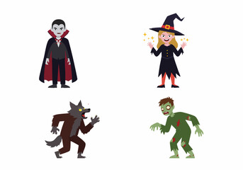 Halloween cartoon characters set with vampire, witch, werewolf, and zombie on a white background, perfect for holiday events and spooky themes.