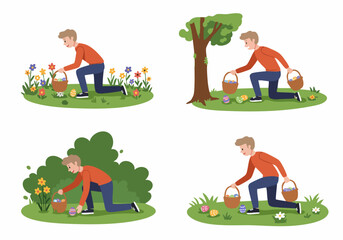 Man Enjoying Easter Egg Hunt with Basket, Collecting Colorful Eggs Outdoors