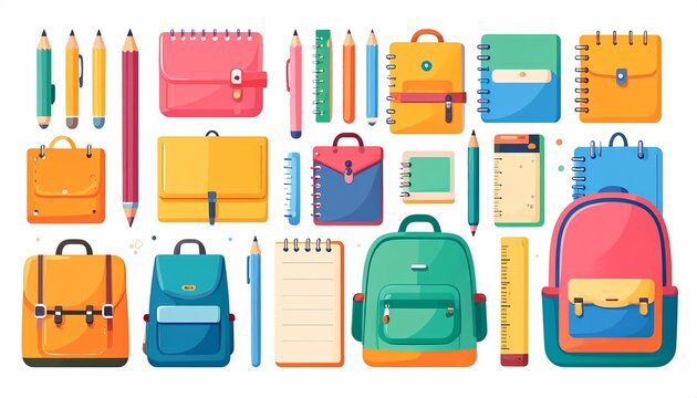 A vibrant collection of colorful school supplies including backpacks, notebooks, pencils, rulers, and briefcases arranged against a white background.