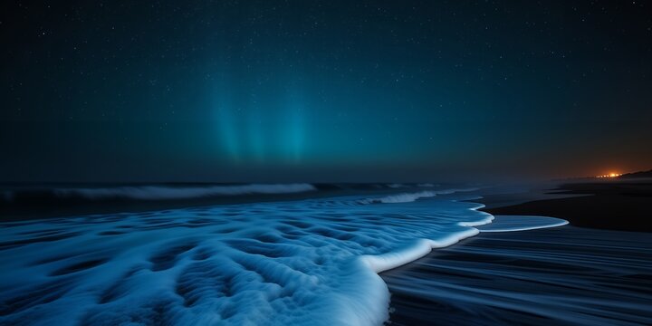 Vibrant green aurora borealis dances over a dark ocean beach with crashing waves at night - Powered by Adobe