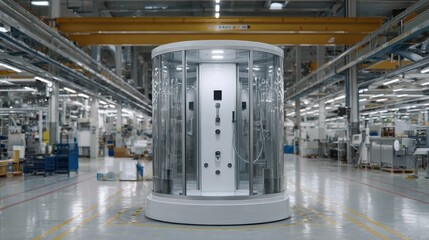 Close medium view of a modular hotel bathroom pod rotating on a carousel focusing sharply on wallmounted shower components with the factory floor and equipment softly blurred