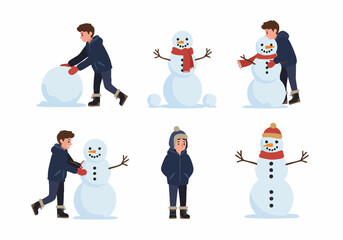 A series of illustrations showing a boy building a snowman, depicting the steps from rolling snowballs to decorating the finished winter figure.